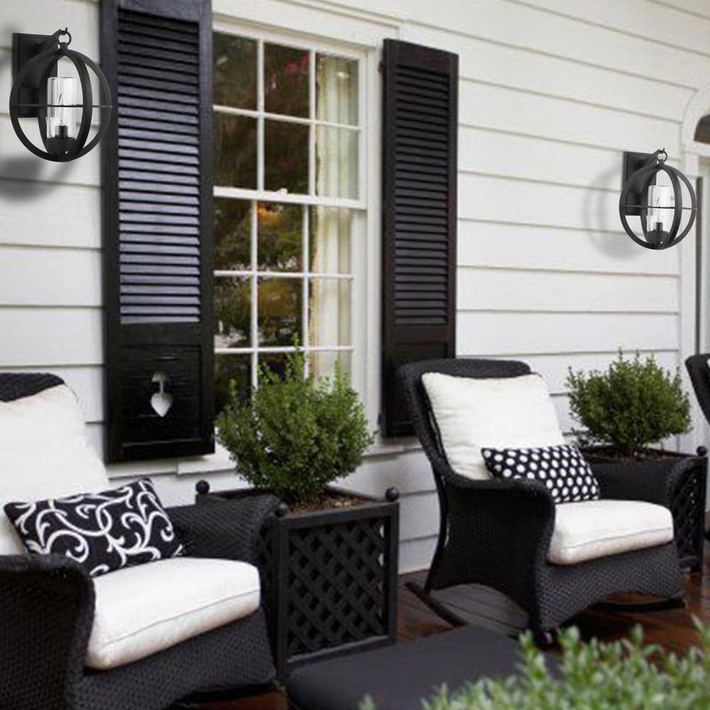Matte Black Metal Globe Outdoor Wall Sconce with Clear Glass