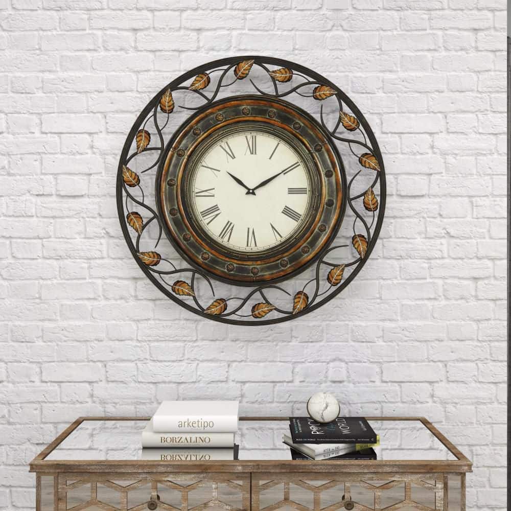 36'' Brown Metal Leaf Medallion Wall Clock with Scrolled Vines