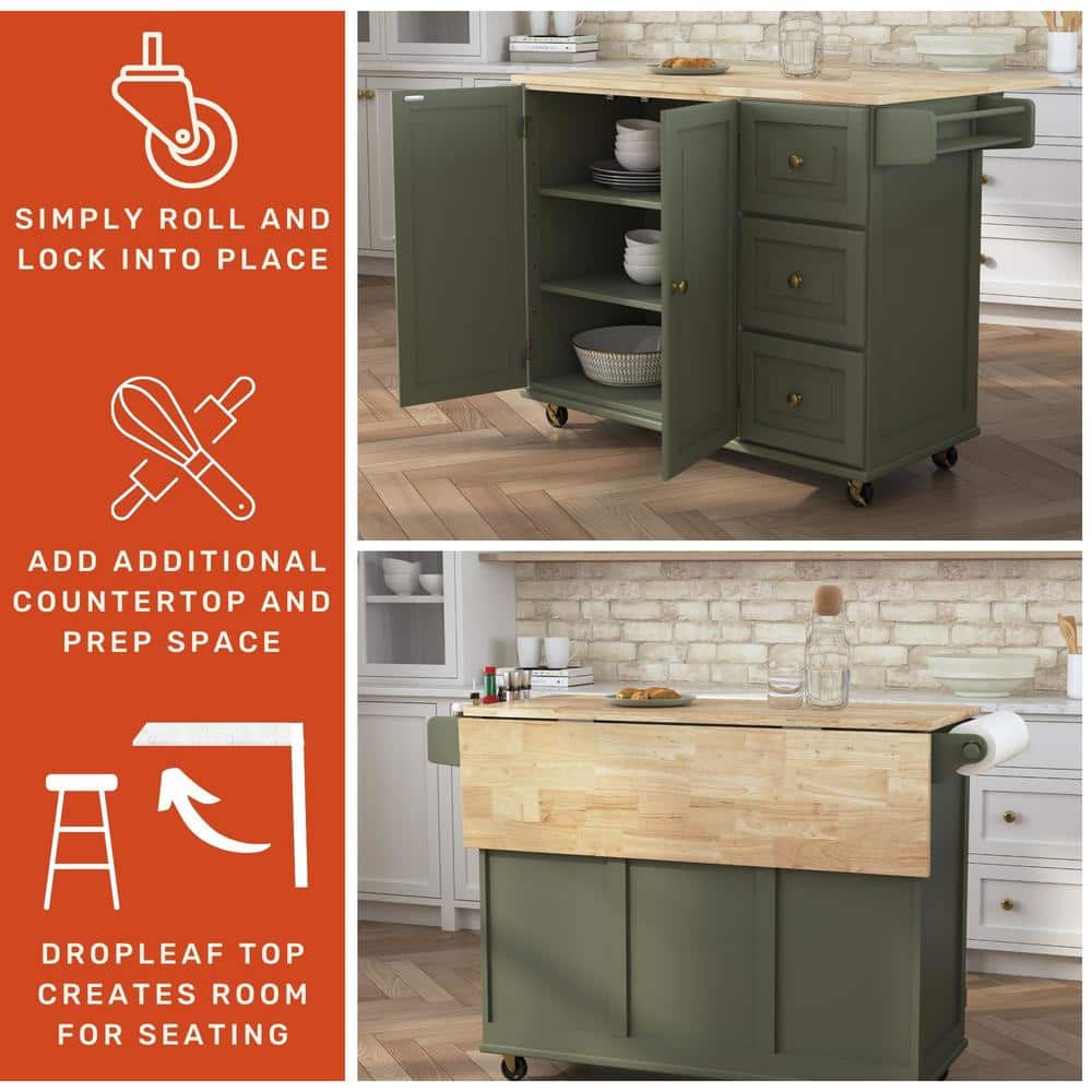 Sage Green Wood Kitchen Cart with Storage and Spice Rack