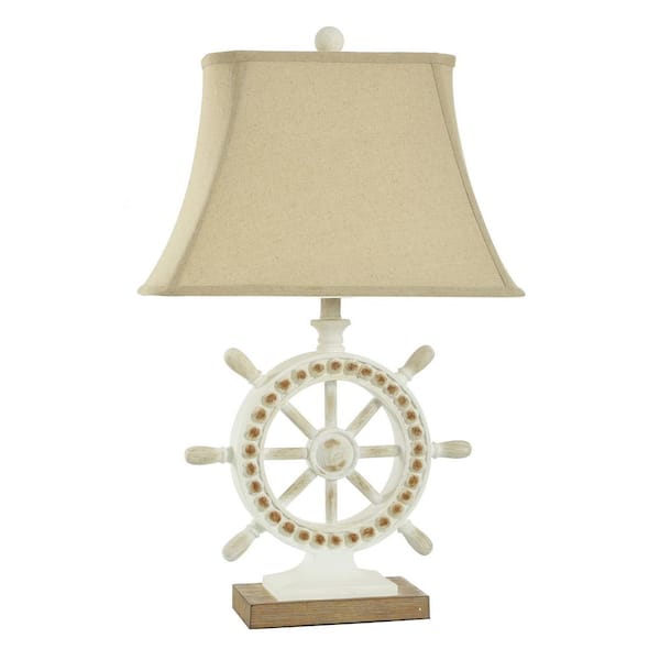 StyleCraft 28.75 in. White, Brown, Cream, Light Beige Task and Reading Table Lamp for Living Room with Beige Linen Shade
