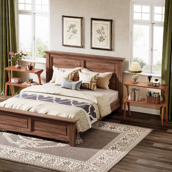BYBLIGHT Kerlin 2PCS 27.56in. Walnut Rectangle Wood End Table Narrow Sofa Side Table with 2 Tier Shelves for Living Room Bedroom BB HL0109HYx2