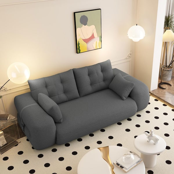 Qualler 78.7 in. Straight Arm Teddy Fabric Rectangle 3-in-1 Multi-Functional Foldable Sofa in Gray