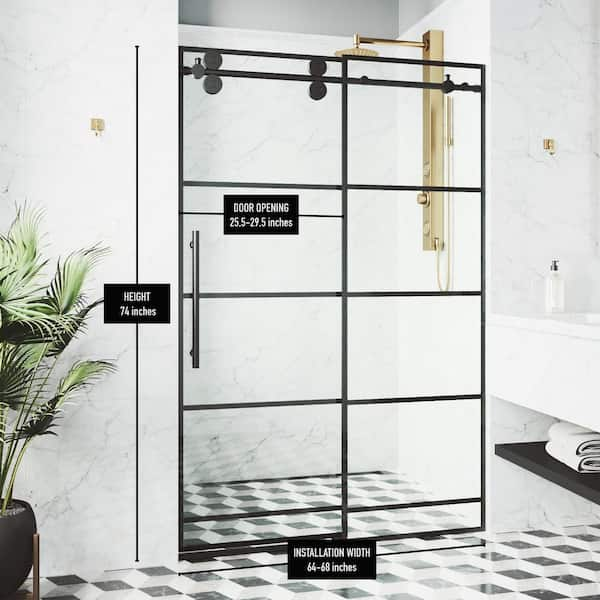 Vigo Elan 64 To 68 In. W X 74 In. H Sliding Frameless Shower Door In Matte Black With Clear Glass And Black Grid Design-Vg6041Mbscl6874 - The Home Depot