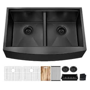 33 in. Farmhouse/Apron-Front Double Bowl 18 Gauge Black Stainless Steel Workstation Kitchen Sink
