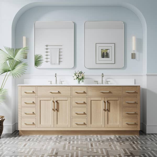NORA 84 in. Freestanding OAK Solid Wood Bath Vanity with Pure White Cultured Marble Top, Soft-Close, Assembled