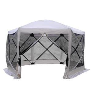 12 ft. x 12 ft. Beige 6-Sided Hexagon Hub Gazebo Screen Tent with Mesh Netting Walls and Shaded Interior