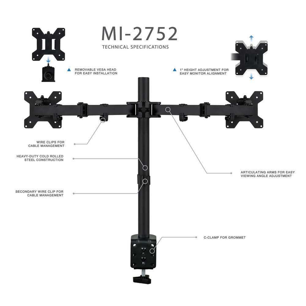Black Dual Monitor Desk Mount with Adjustable Arms