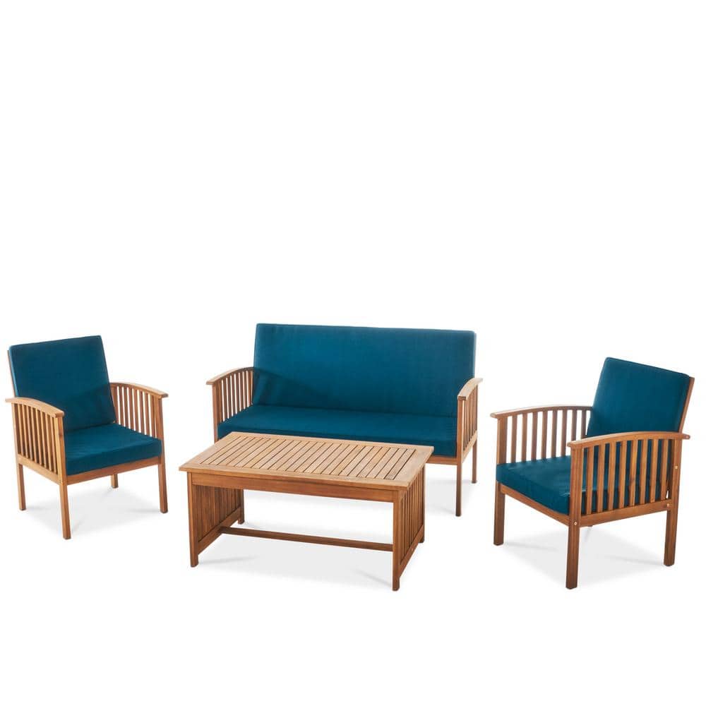 4-Piece Acacia Wood Outdoor Patio Sofa Sectional Chat Set with Solid Wood C