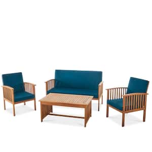 4-Piece Acacia Wood Outdoor Patio Sofa Sectional Chat Set with Solid Wood Coffee Table and Blue Cushions