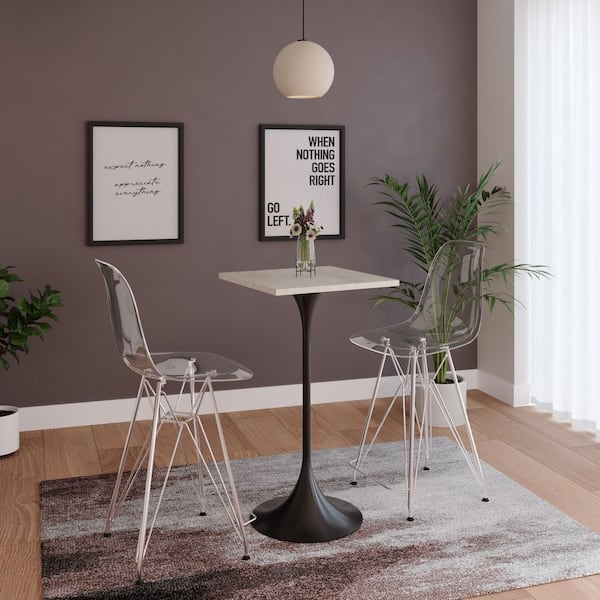 Verve 24 in. Wide Square Bar Height Dining Table MDF Wood Tabletop in Black Stainless Steel Pedestal Base in White