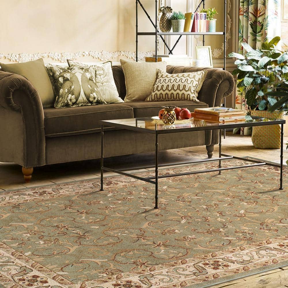 Ivory and Green Round Floral Synthetic Area Rug, 8' x 8'