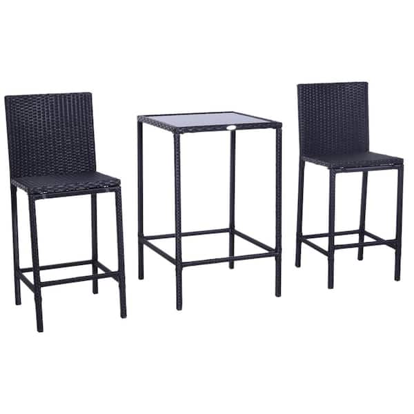 Outsunny 3-Piece Outdoor Patio Metal, Wicker, and Glass Top Bistro Dining Set