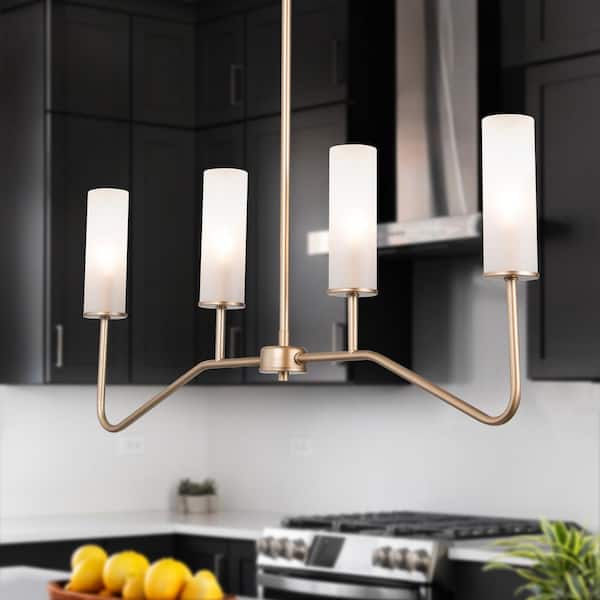 LNC 32 in. Modern Chandelier 4-Light Brass Gold Transitional Linear Chandelier with White Frosted Glass Shades
