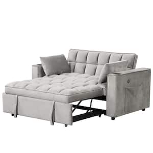 55.3 in. Gray Multi-functional Velvet Twin Size Sofa Bed with 2 Pillows Cup Holder USB Port and Side Pockets