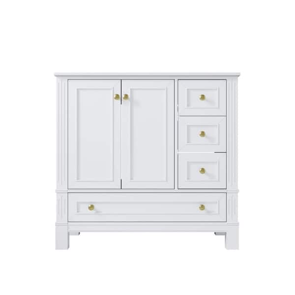 DURA 36 in. White Solid Wood Freestanding Bath Vanity with White Ceramic Top, Soft-Close/Adjustable Leveler, Unassembled