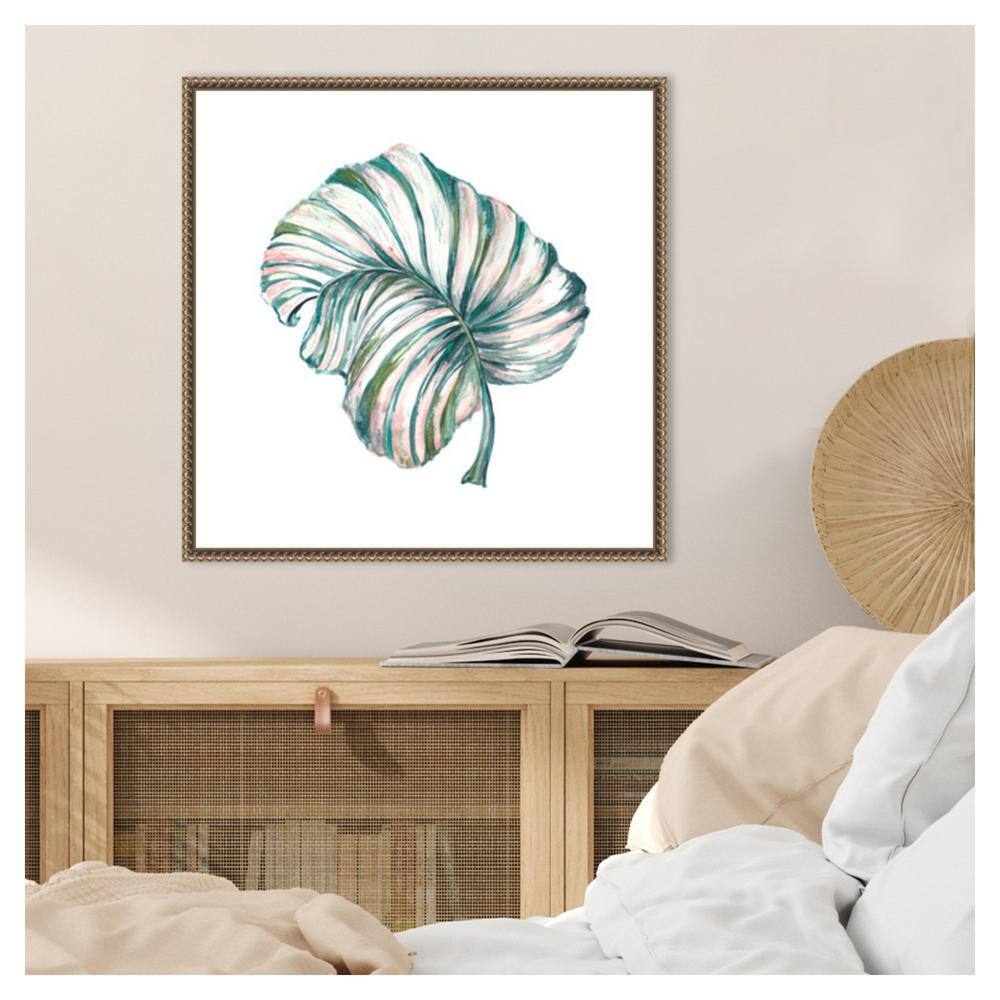 Island Leaf III Green and Pink Canvas Print with Bronze Frame