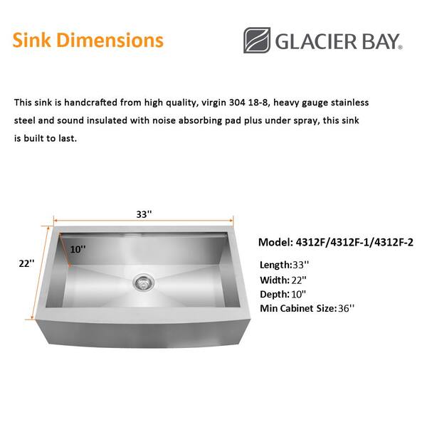 Glacier Bay Zero Radius Farmhouse A Front 18g Stainless Steel 33 In Single Bowl Workstation Kitchen Sink With Accessories 4312f Single Bowl Workstation Kitchen Sink, Farm Sink Dimensions