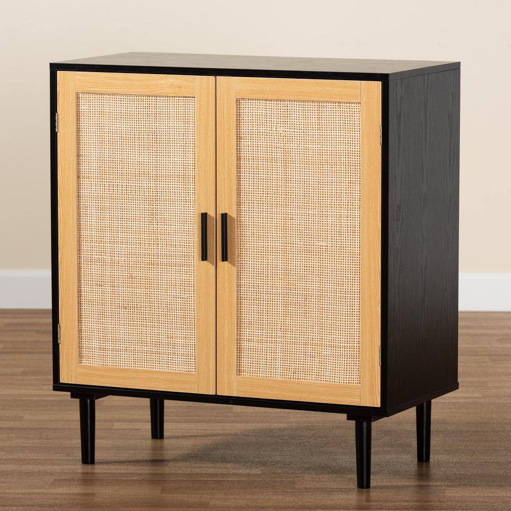 Espresso Brown Solid Wood & Rattan Freestanding Office Cabinet