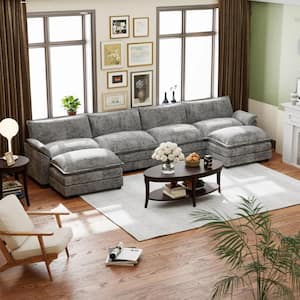 154 in. Flared Arm Deluxe Pillow-Styled Chenille U-Shaped Modular Sectional Sofa in Paris Gray with Tow Ottomans