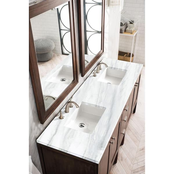 James Martin Vanities Addison 72 in. W x 23.5 in.D x 35.5 H Double Bath Vanity in Mid Century Acacia with Solid Surface Top in Arctic Fall