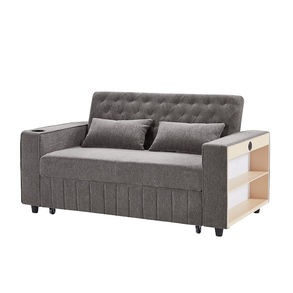 Luxury 61.41 in. W Gray Chenille 2-Seater Loveseat with Storage Rack and Charging Station