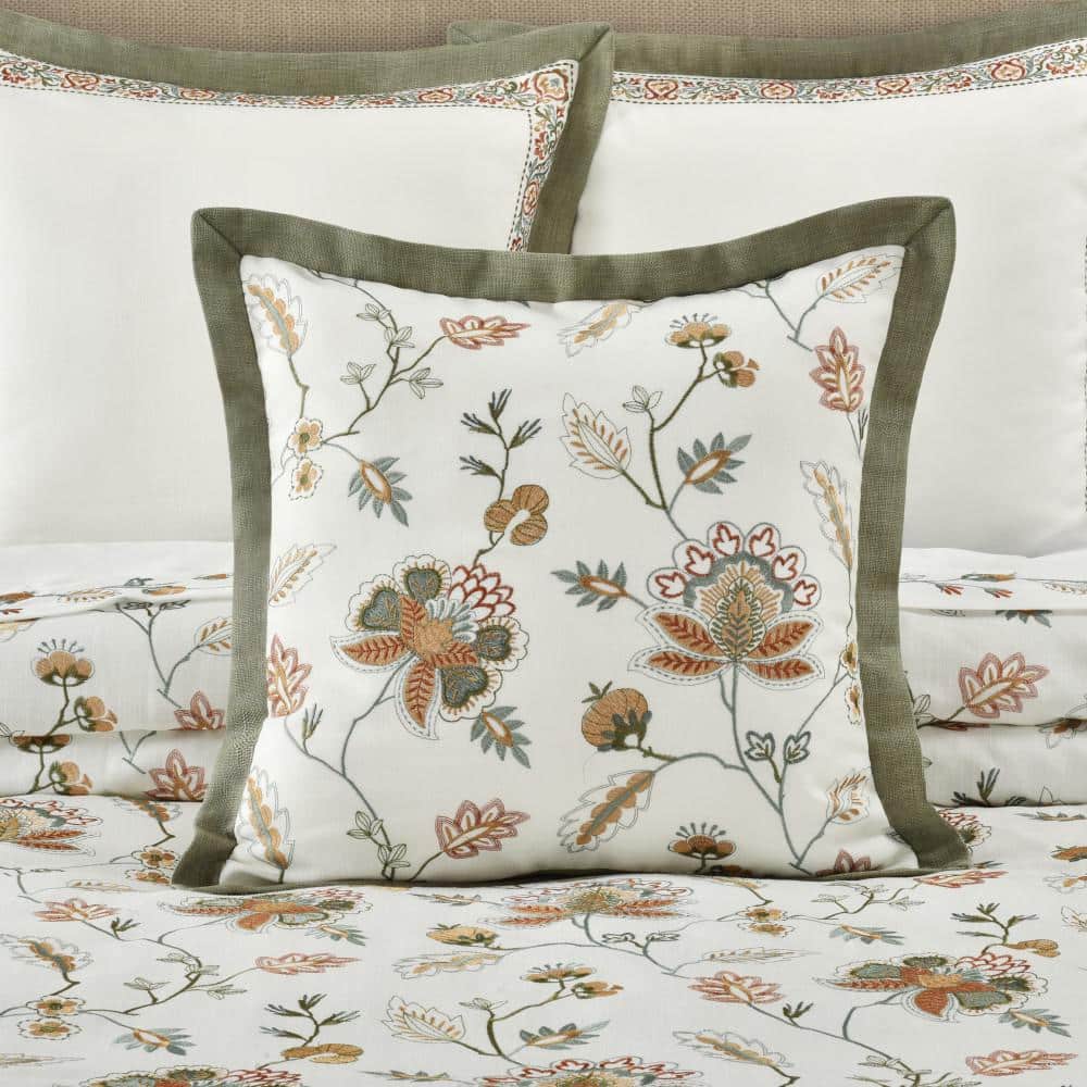 Angela 20" Square Floral Embroidered Faux Linen Throw Pillow