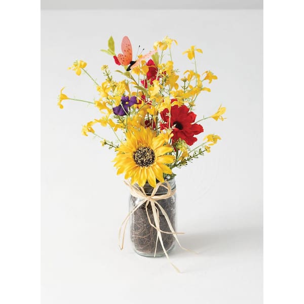 SULLIVANS 13 in. Yellow Artificial Mixed Flowers in Mason Jar