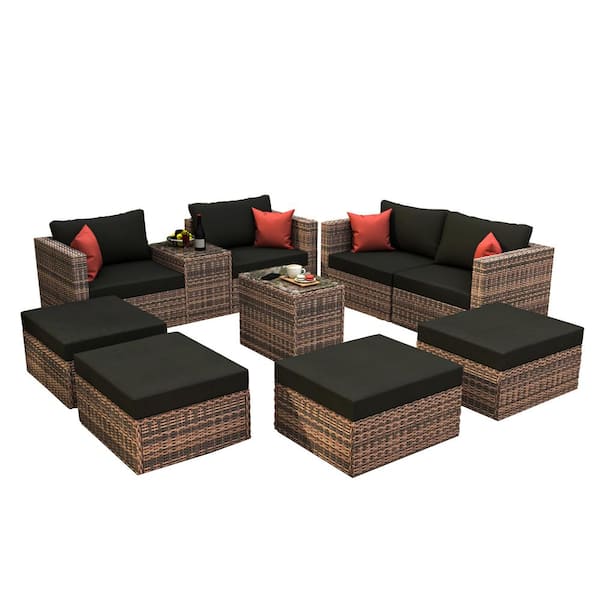 SUNRINX 10-Piece Wicker Patio Conversation Set with Black Cushions