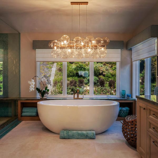 Dvorakova 42.13 in. 10-Light Brass Linear Bubble Cluster Chandelier with Globe Glass Shades for Dining Room