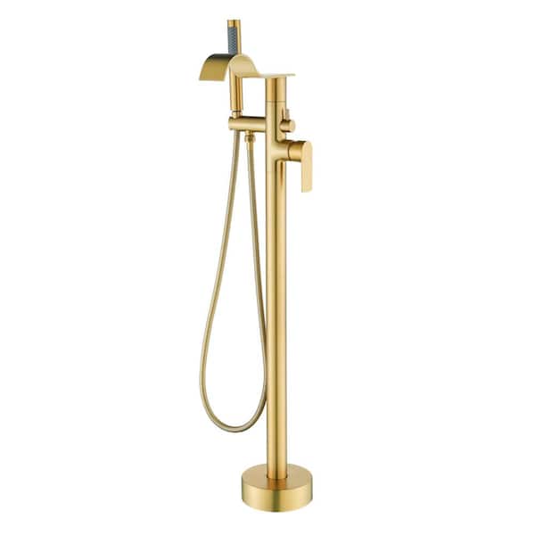 Single-Handle Claw Foot Tub Faucet with Hand Shower, Waterfall Claw Foot Freestanding Tub Faucet in Brushed Gold