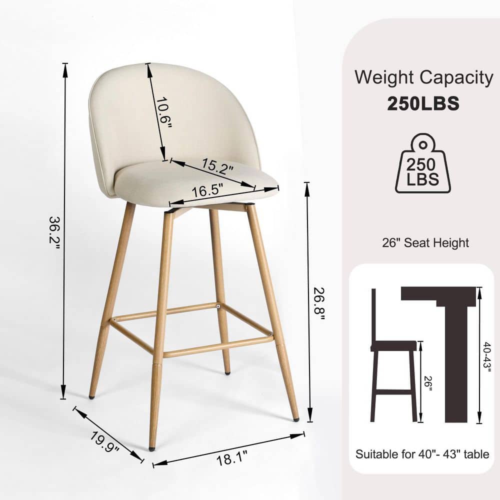 Homy Casa Haseeb 26 in. Modern Swivel Upholstered Counter Height Bar Stool with Curved Back Ivory White Fabric/Oak Legs (Set of 4) HASEEB COUNTER FABRIC BEIGE OAK LEG SW 4