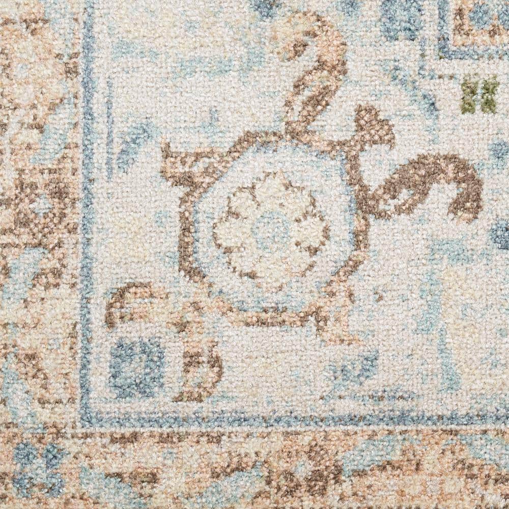 Ivory Blue Round Medallion Machine Washable Area Rug