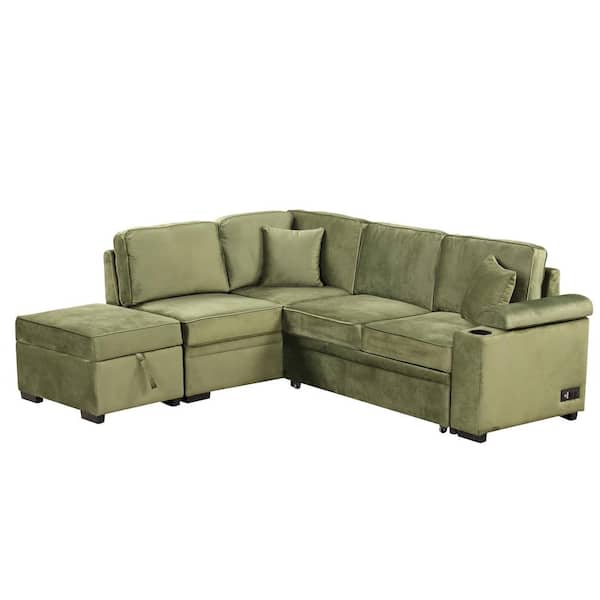 Polibi 87.40 in. Straight Arm Velvet L-Shaped Sofa in Green with Storage Ottoman, Sofa Bed