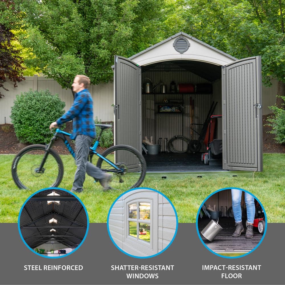 Large Beige and Brown Polyethylene Storage Shed with Windows and Shelving