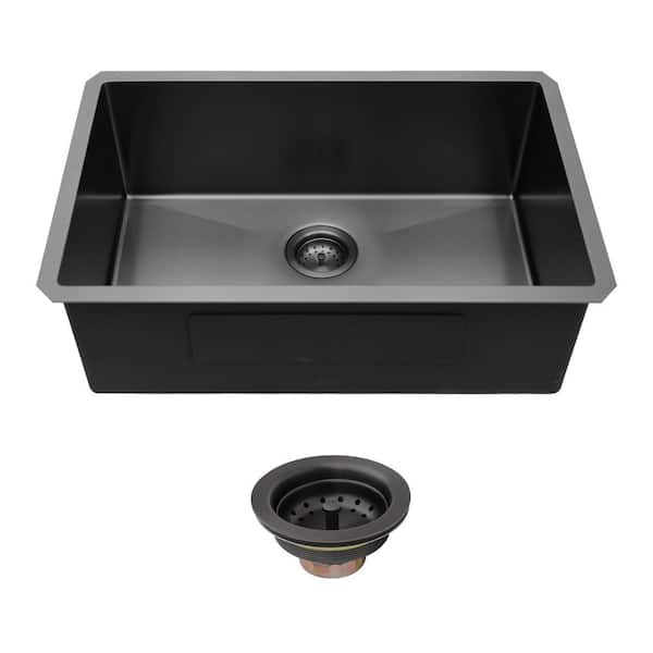 Undermount Sink 30 in. x 18 in. Single Bowl Kitchen Sink in 16-Gauge Stainless Steel Gunmetal Black with Drain Assembly