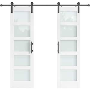 48 in. x 84 in. (Double 24 in. Doors) 5 Lite Frosted Glass White Finished MDF Sliding Barn Door with Hardware Kit