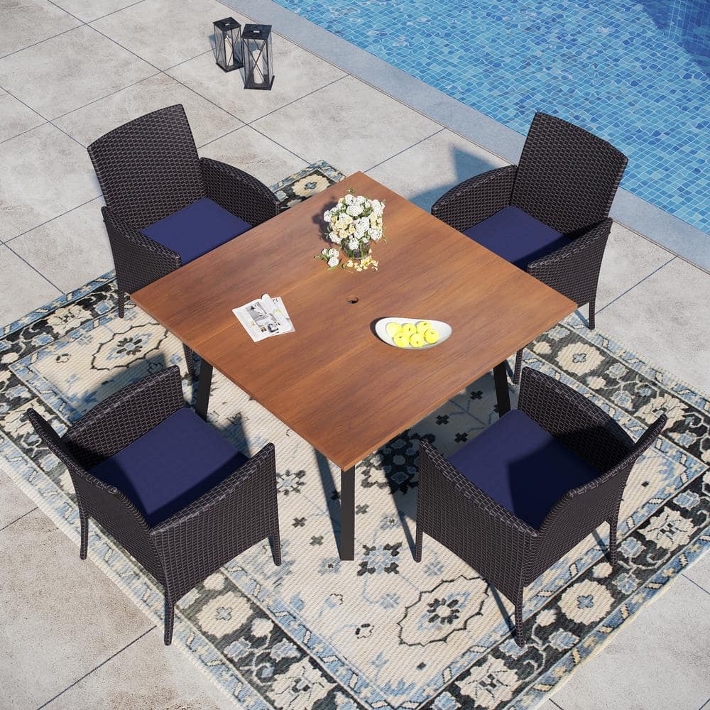 Black 5-Piece Metal Patio Outdoor Dining Set with Wood-Look Square Table and Rattan Steel Patio Chairs with Blue Cushion -  PHI VILLA, THD5-456-097