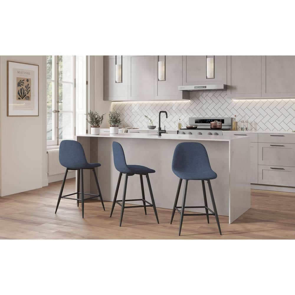 Mid-Century Modern Blue Fabric Counter Stools, Set of 2