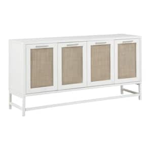 Hawthorne White & Rattan Wood Top 60 in. Credenza with Four Doors Fits TV's up to 55 in.