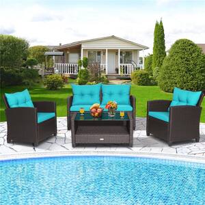 4 -Piece Patio Rattan Furniture Set Glass Table Shelf Sofa Cushion Turquoise