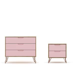 Intrepid 5-Drawer Nature and Rose Pink Mid-Century Modern Dresser and Nightstand (Set of 2)