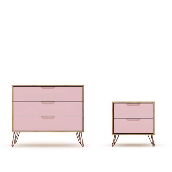 Luxor Intrepid 5-Drawer Nature and Rose Pink Mid-Century Modern Dresser and Nightstand (Set of 2)
