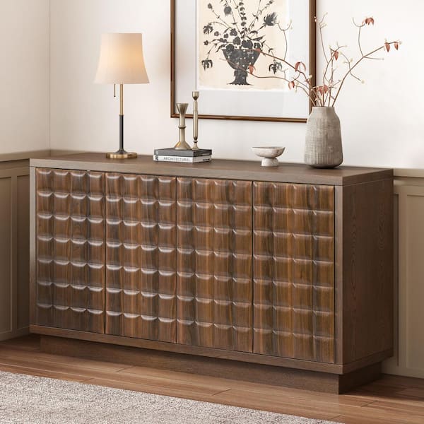 Brown Ashtree Veneer and MDF 58.6 in. Sideboard with Adjustable Shelves, Metal Trim and 3D Geometric Doors