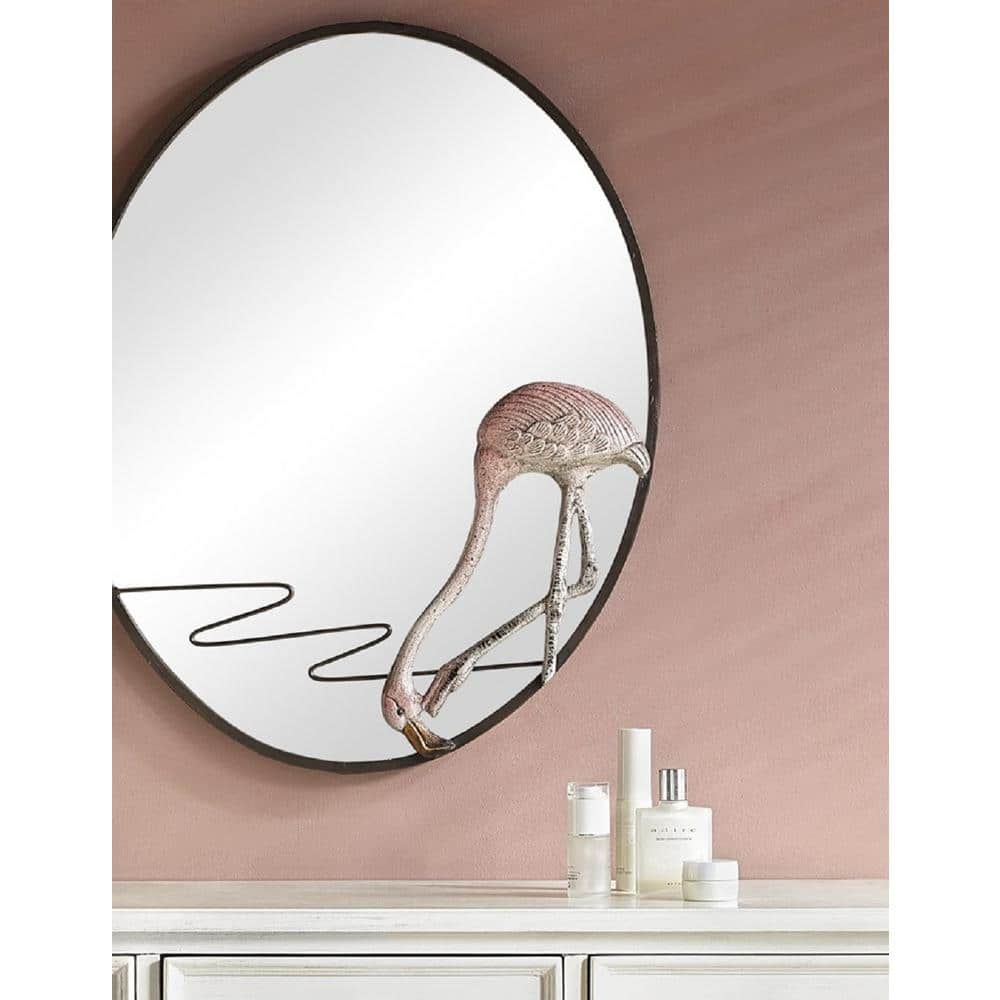 Bronze Oval Coastal Flamingo Wall Mirror, 21" x 26"