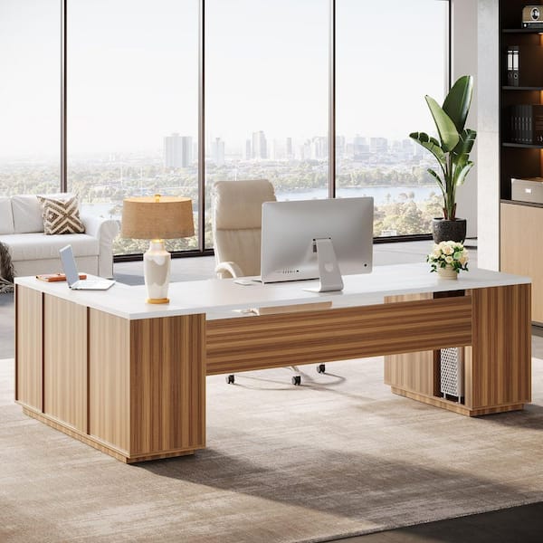 Capen 85.8 in. L-Shaped White & Walnut Wood Executive Desk with File Drawer, Modern Business Office Desk for Home Office