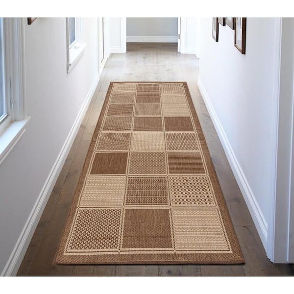 Ottomanson Jardin Collection Boxes 3x7 Non Shedding Indoor/Outdoor Runner Rug, 2 ft. 7 in. x 6 ft. 11 in., Brown