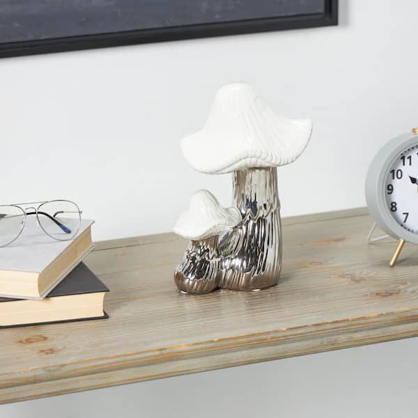 Litton Lane 10 in. Silver Ceramic Mushroom Sculpture with White Tops and Textured Grooves