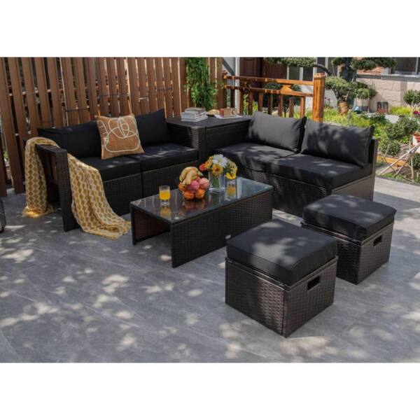 8-Piece Wicker Patio Conversation Set Space-Saving Furniture Set with Black Cushions, Storage Box and Waterproof Cover