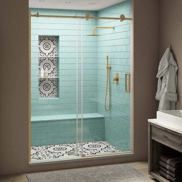 Aston Coraline XL 56 - 60 in. x 80 in. Frameless Sliding Shower Door with StarCast Clear Glass in Brushed Gold Right Hand