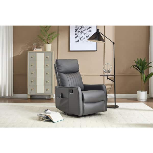 Xenovia Modern Grey Upholstered Faux Leather Swivel Rocker Manual Recliner Chair with Lumbar Heat and Massage